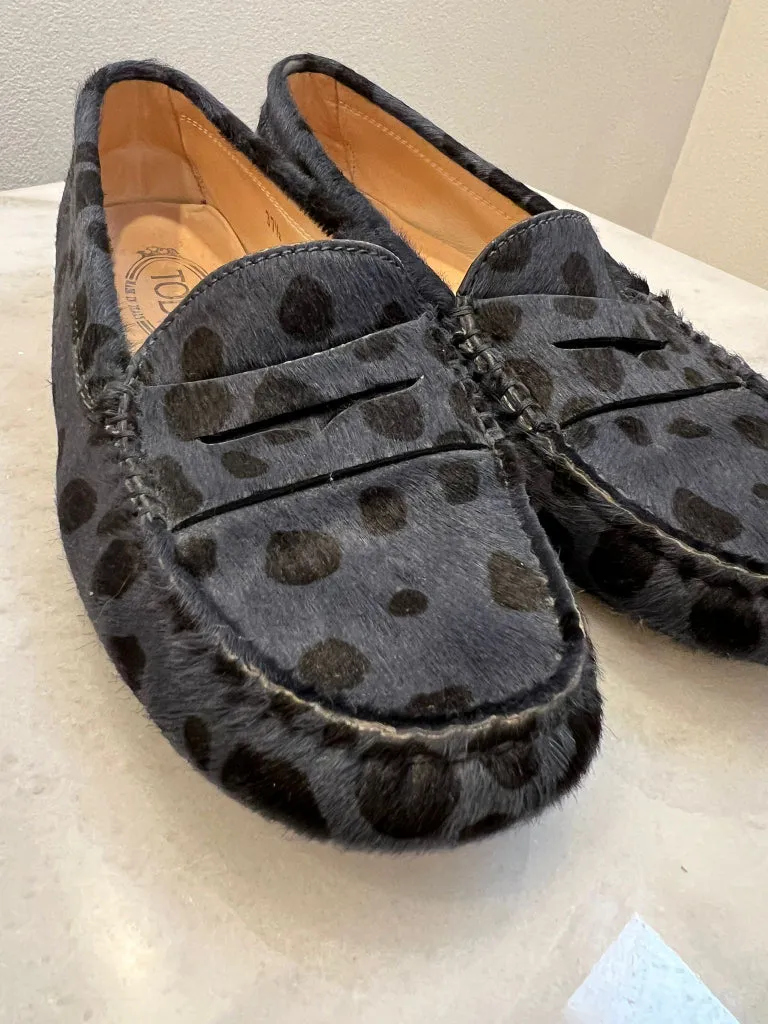 Tods Horsehair Navy and Black Spotted Loafers - size 37.5