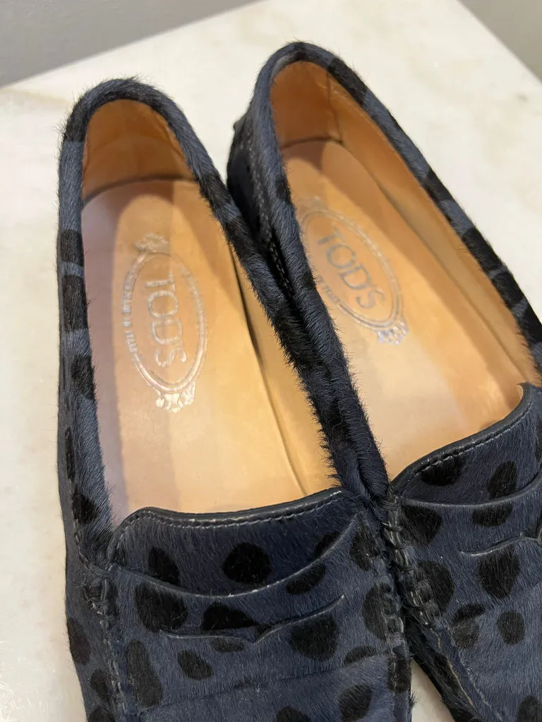 Tods Horsehair Navy and Black Spotted Loafers - size 37.5