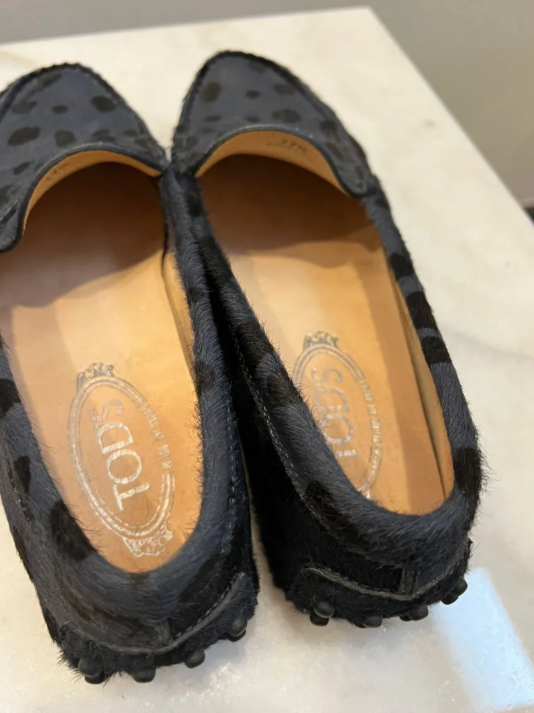 Tods Horsehair Navy and Black Spotted Loafers - size 37.5