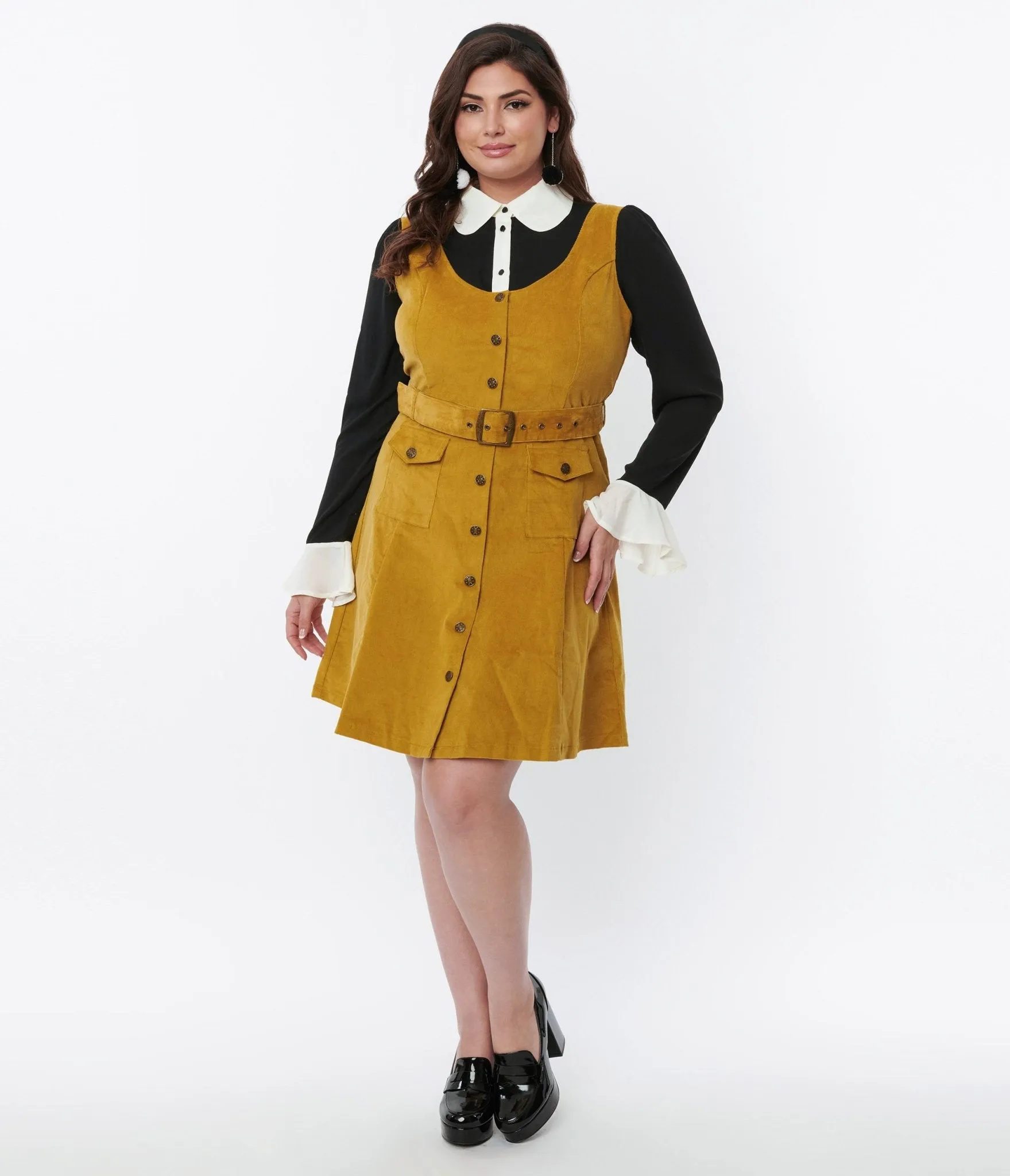 Voodoo Vixen Mustard Yellow Corduroy Belted A-Line Dress