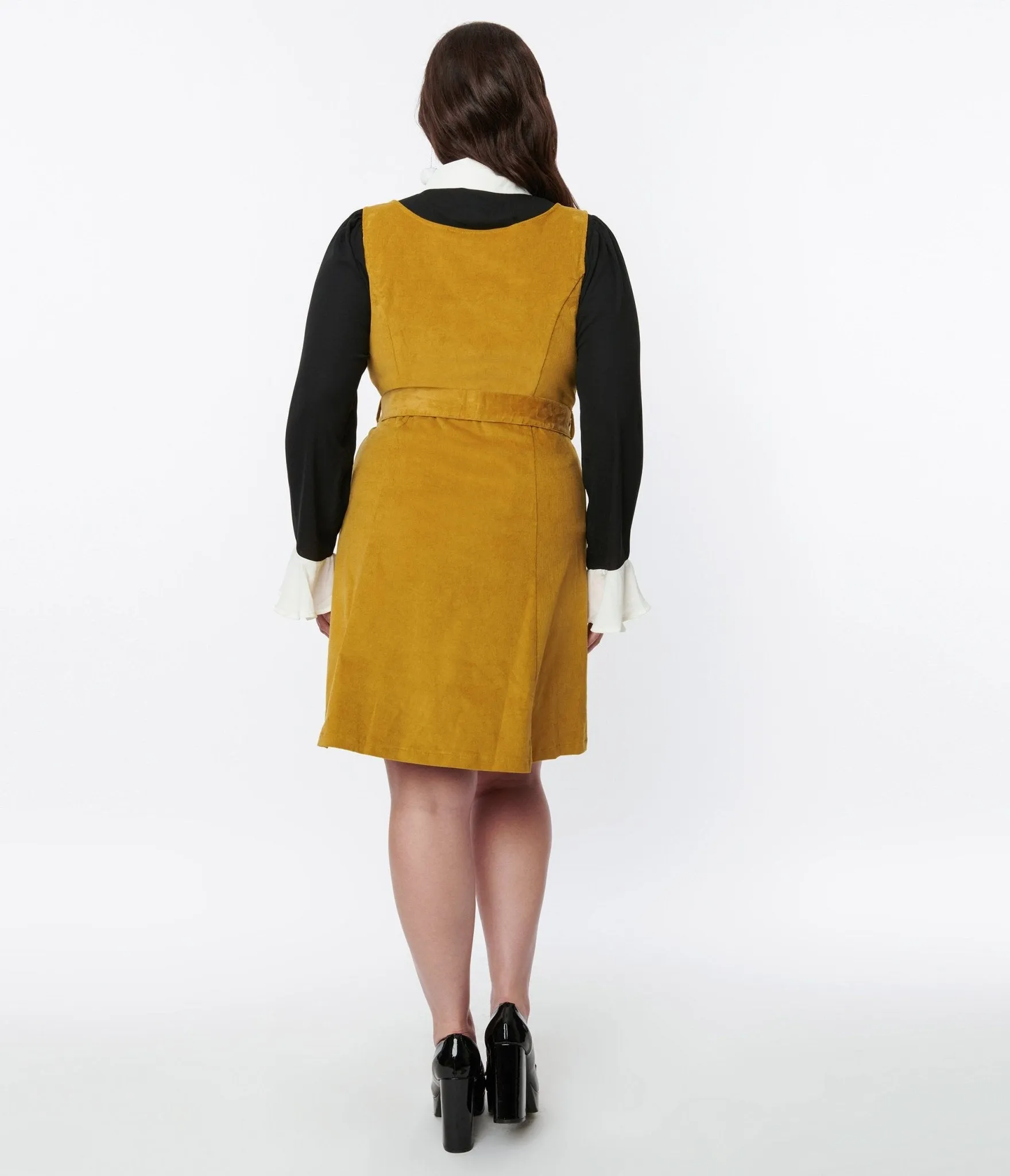 Voodoo Vixen Mustard Yellow Corduroy Belted A-Line Dress