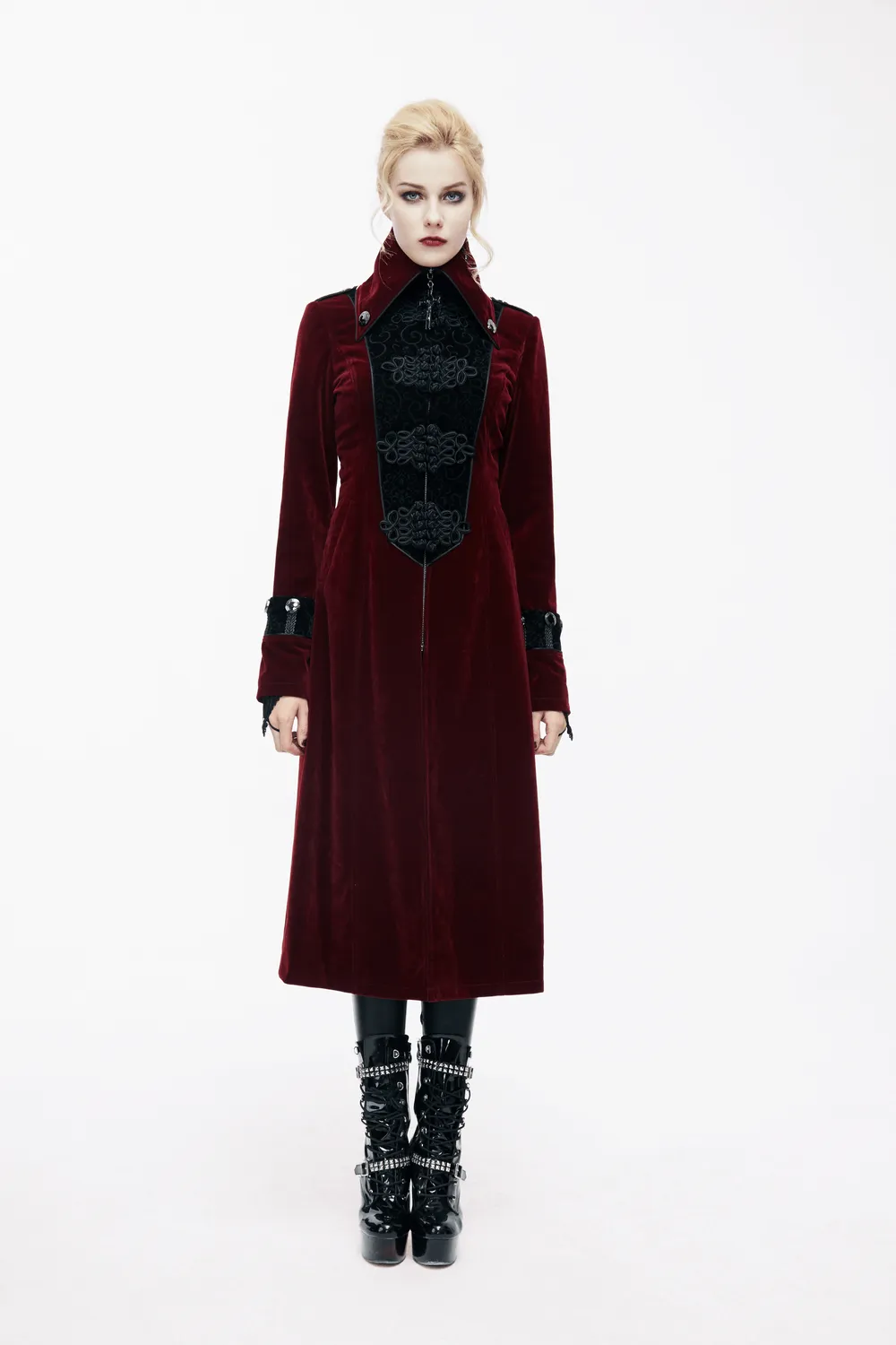 Women Embossed Long Red Coat In Gothic Style / High Collar Alternative Fashion Outerwear