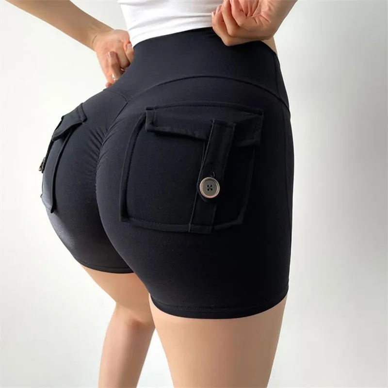 Women's Breathable Elastic High Waist Back Pockets Sports Cycling Shorts