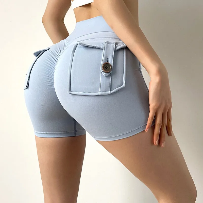 Women's Breathable Elastic High Waist Back Pockets Sports Cycling Shorts