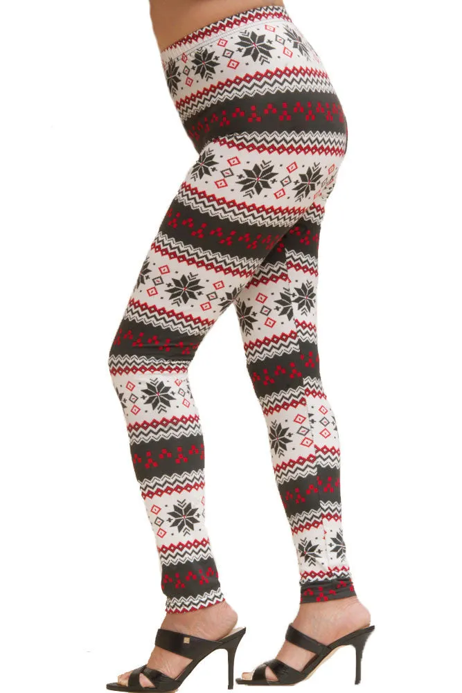 Women's Plus Colorful Holiday White Snowflake Diamond Design Printed Leggings