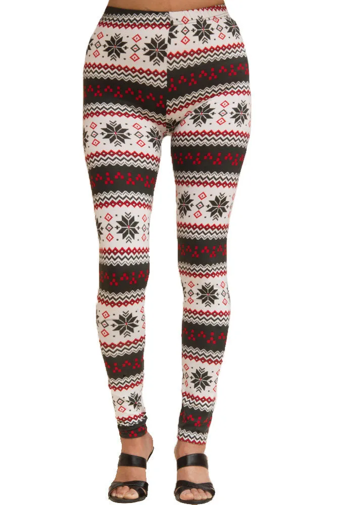 Women's Plus Colorful Holiday White Snowflake Diamond Design Printed Leggings