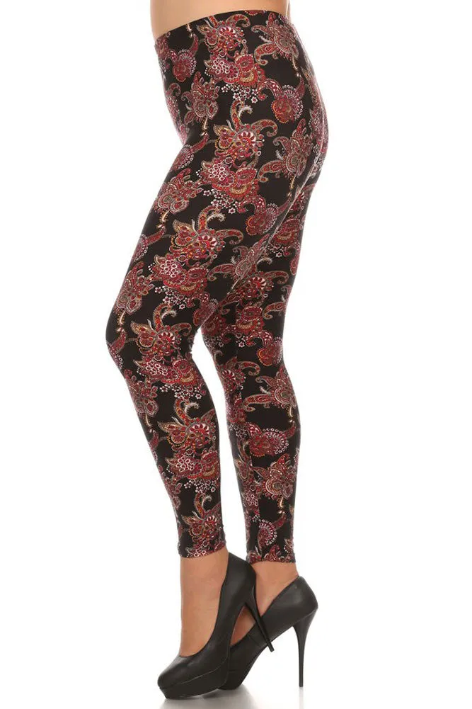 Women's Plus Gorgeous Red Paisley Pattern Print Leggings - Black Red