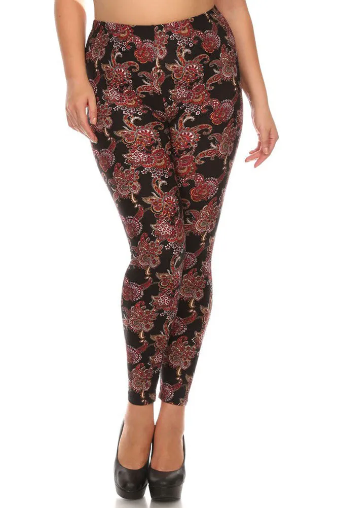 Women's Plus Gorgeous Red Paisley Pattern Print Leggings - Black Red