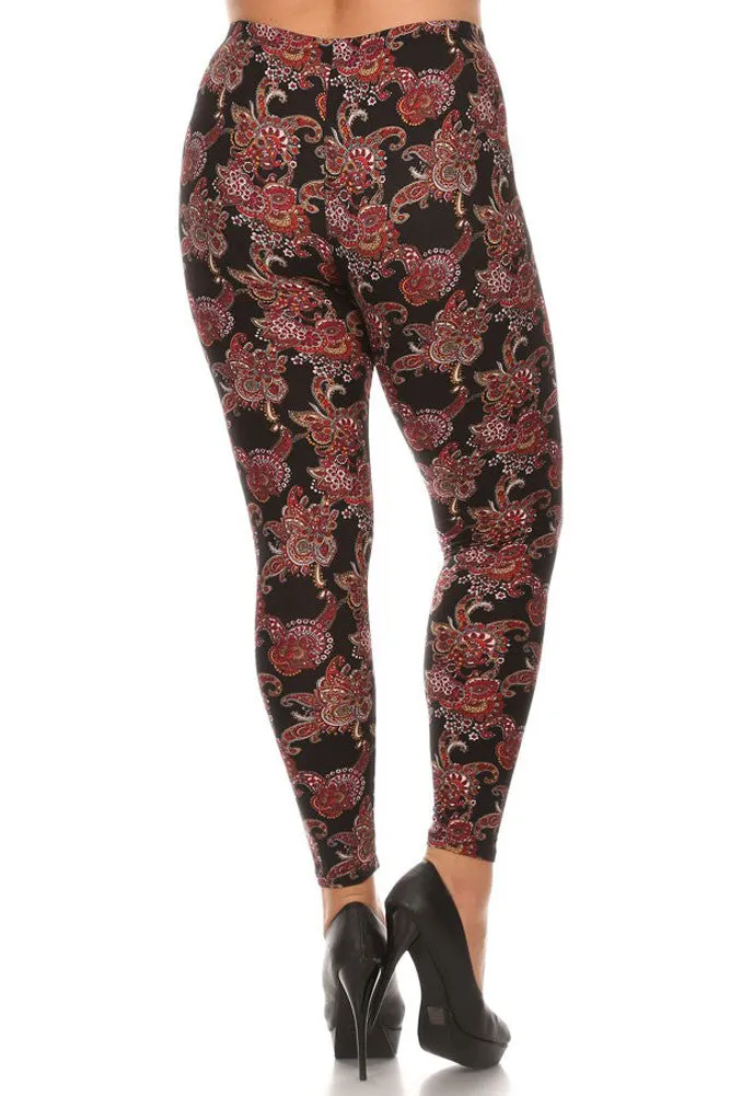 Women's Plus Gorgeous Red Paisley Pattern Print Leggings - Black Red