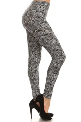 Women's Regular Gorgeous Paisley Pattern Print Leggings - Black White