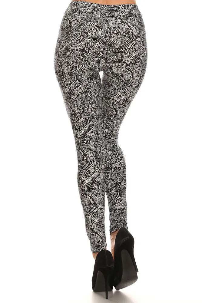 Women's Regular Gorgeous Paisley Pattern Print Leggings - Black White