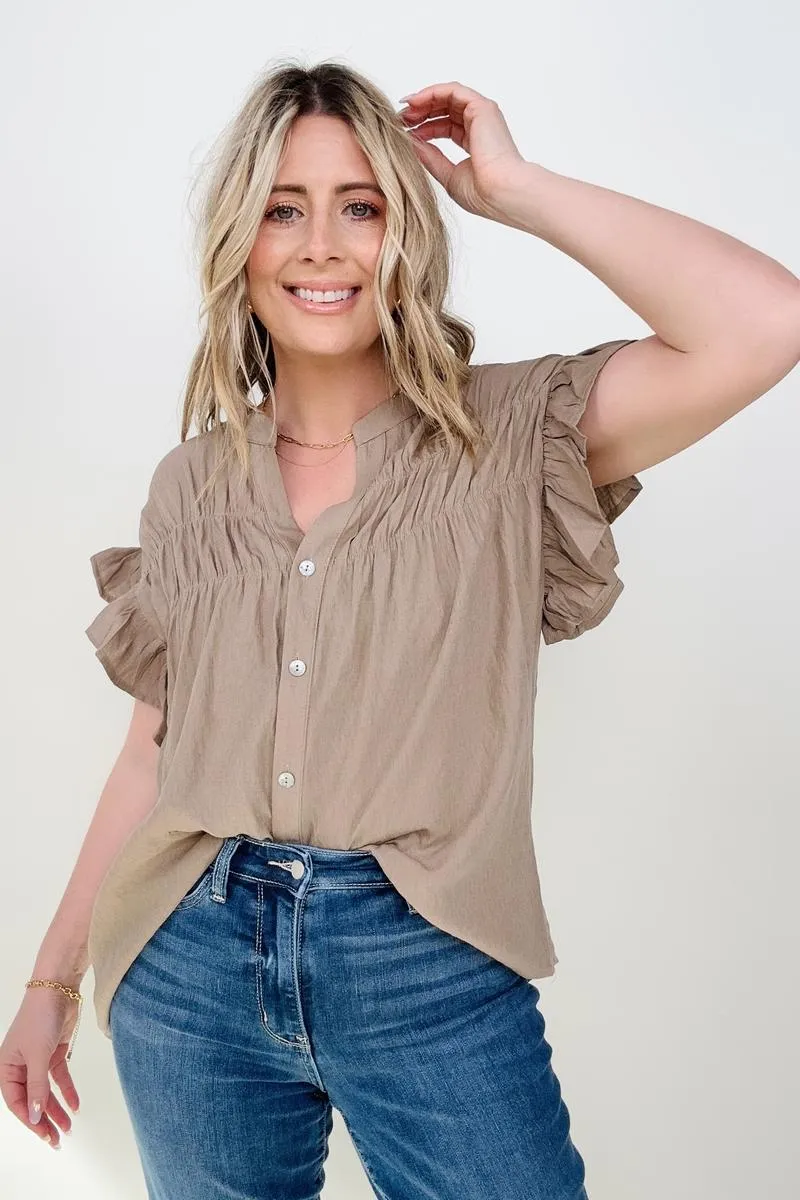 Woven Button Down Ruffle Sleeve Top