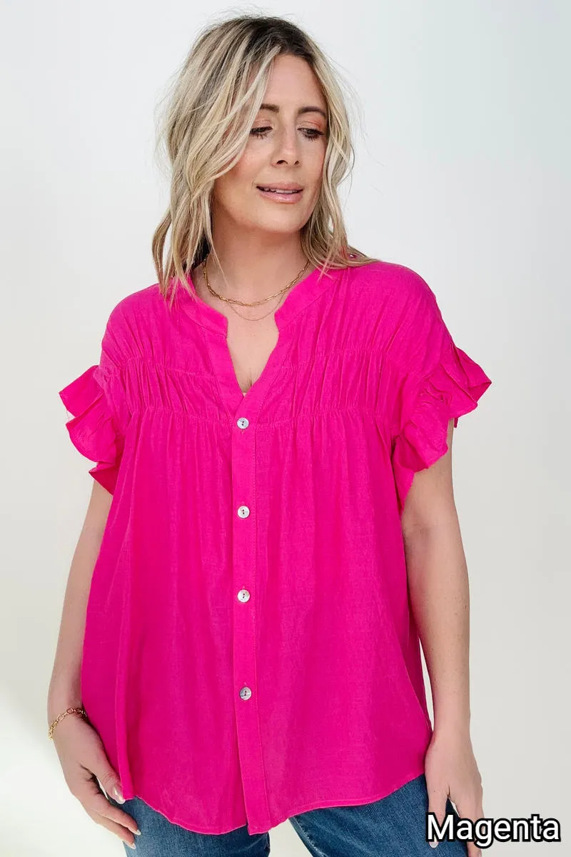 Woven Button Down Ruffle Sleeve Top