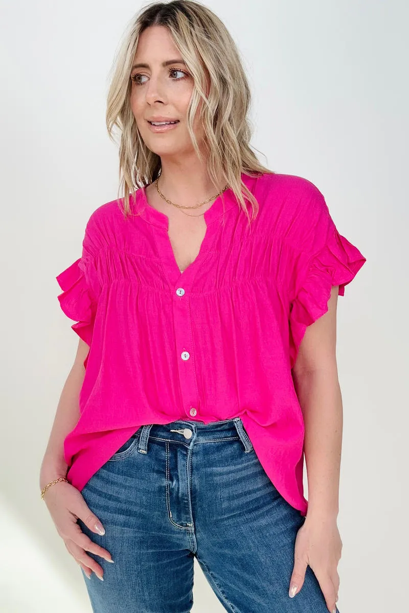 Woven Button Down Ruffle Sleeve Top