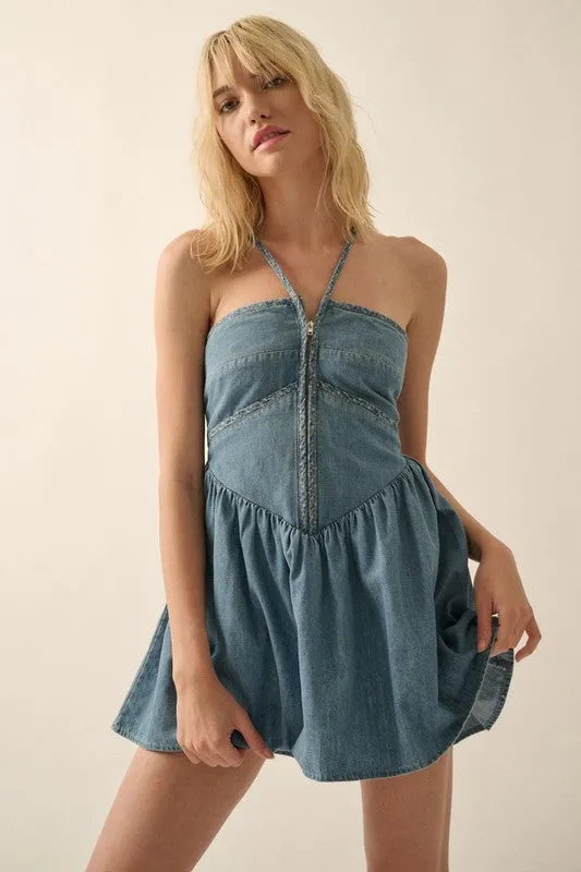 Zip Up Lace Up Back Halter Romper