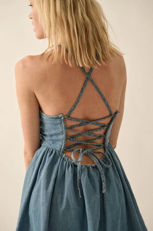 Zip Up Lace Up Back Halter Romper